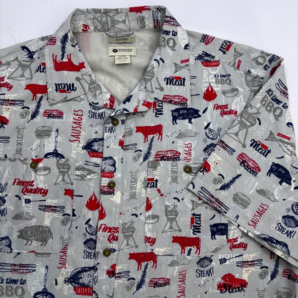 Haggar Mens BBQ Grill‎ Novelty Short Sleeve Button Down Shirt Grey XL Fitted